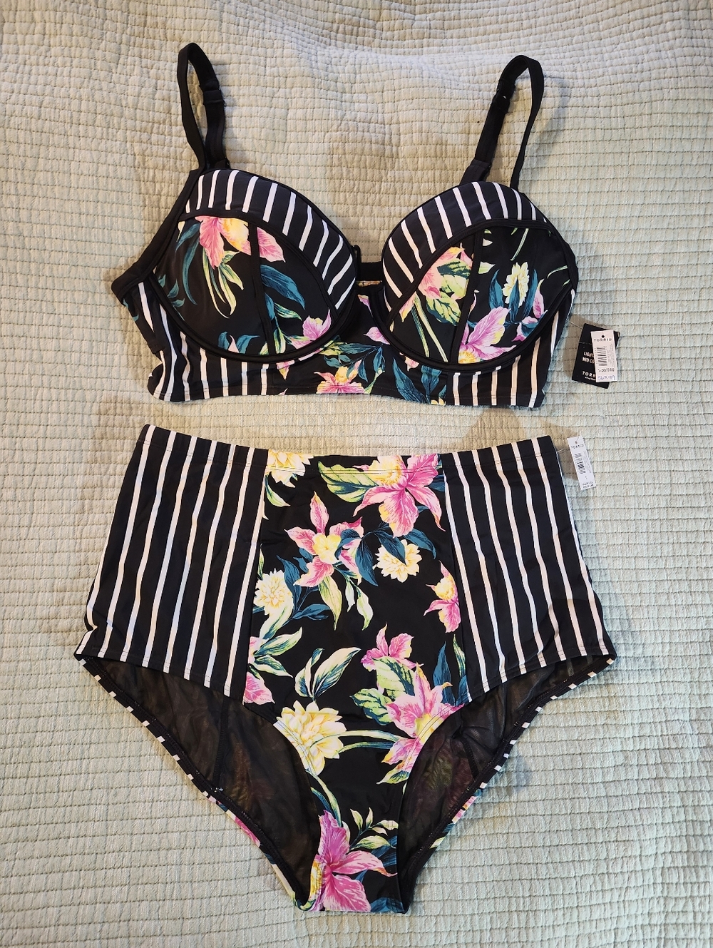 Torrid Black Floral & Stripe High-Waist Bikini Set